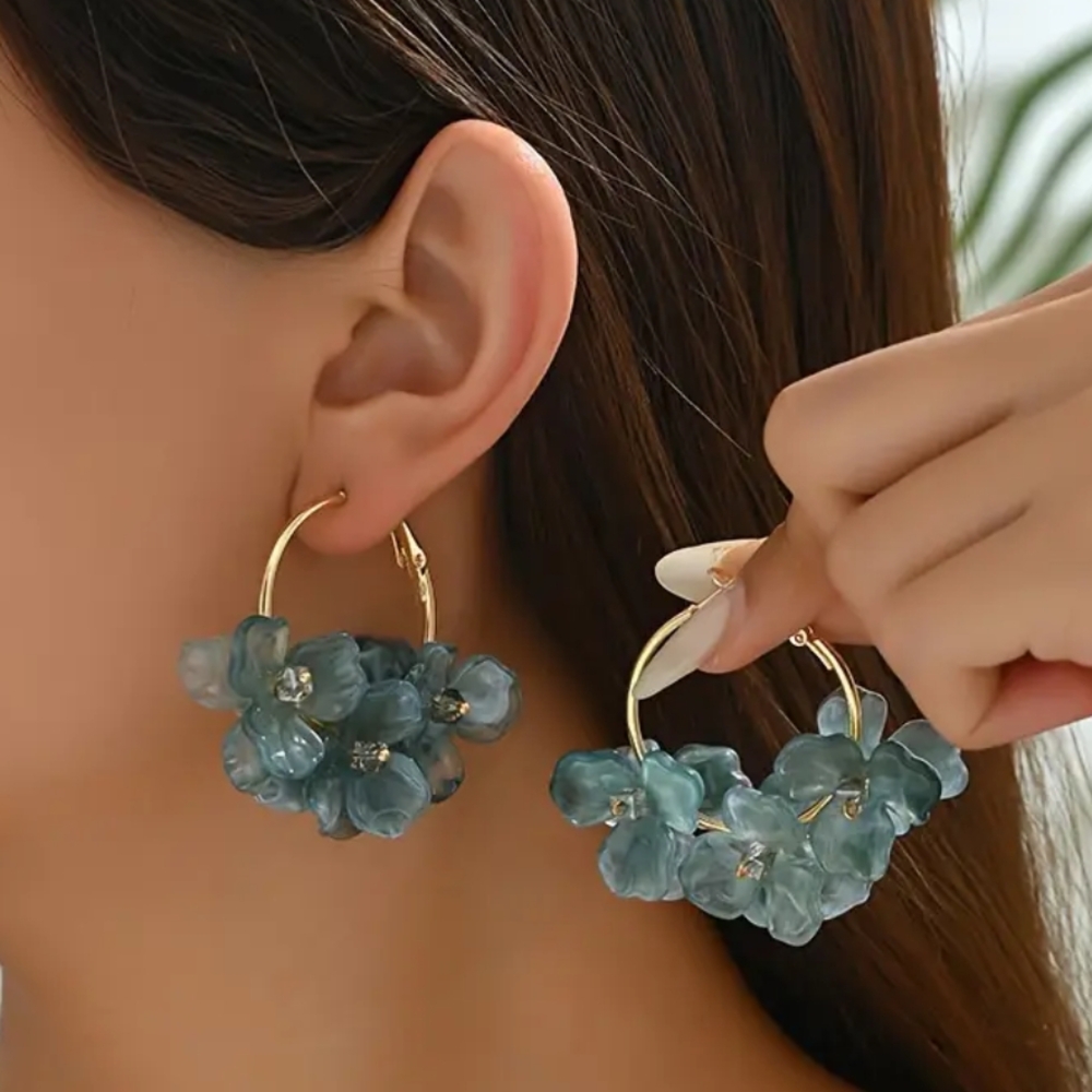 New  Flower Hoop Earrings in Blue and Gold